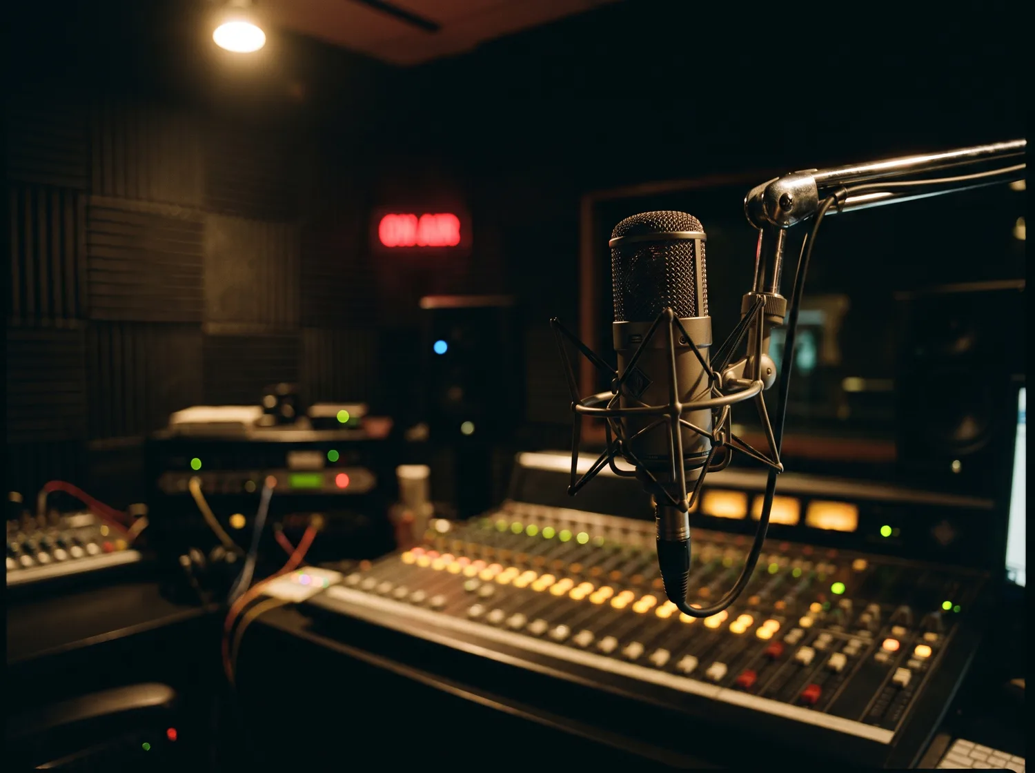 A condenser microphone on the boom arm of the Loungest Radio studio desk at night.