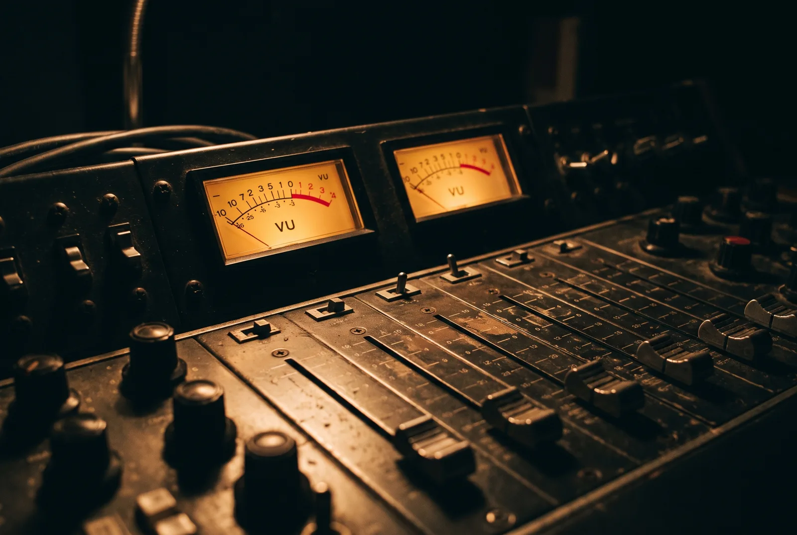 Illuminated faders and VU meters on the Loungest Radio broadcast console.